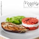 Beringela recheada e arroz duas cores